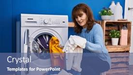  Presentation with laundry room - Slides having middle-age-woman-smiling-confident background and a ocean colored foreground