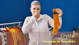  Presentation with laundry room - Presentation theme having middle-age-woman-smiling-confident background and a coral colored foreground