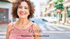  Presentation with city street - Slides featuring middle-age-woman-smiling-happy background and a coral colored foreground