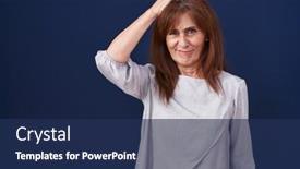  Presentation with question - Theme with middle-age-woman-standing-over background and a navy blue colored foreground