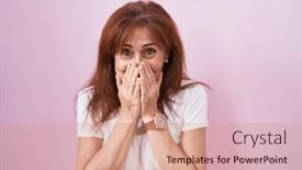  Presentation with scandal - PPT theme consisting of middle-age-woman-standing-over background and a coral colored foreground