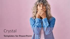  Presentation with woman covering man mouth hand - PPT layouts with middle-age-woman-standing-over background and a soft green colored foreground