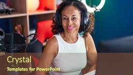  Presentation with streamer - Presentation with middle-age-woman-streamer-smiling background and a tawny brown colored foreground