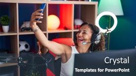  Presentation with streamer - Slide deck having middle-age-woman-streamer-smiling background and a tawny brown colored foreground