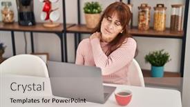  Presentation with pain - PPT theme featuring middle-age-woman-suffering background and a soft green colored foreground