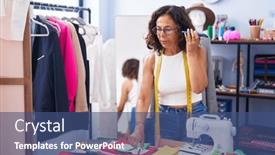  Presentation with clothing factory - PPT theme with middle-age-woman-tailor-listening background and a  colored foreground