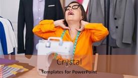  Presentation with machine shop - Slides enhanced with middle-age-woman-tailor-stressed background and a coral colored foreground