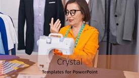  Presentation with machine shop - PPT theme having middle-age-woman-tailor-stressed background and a coral colored foreground