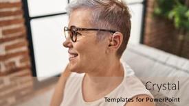  Presentation with hearing aid - PPT theme having middle-age-woman-using-hearing background and a coral colored foreground