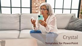  Presentation with smartphone - Presentation having middle-age-woman-using-smartphone background and a  colored foreground