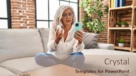  Presentation with smartphone - PPT theme having middle-age-woman-using-smartphone background and a coral colored foreground