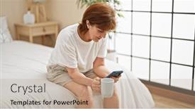  Presentation with smartphone - Presentation theme enhanced with middle-age-woman-using-smartphone and a coral colored foreground