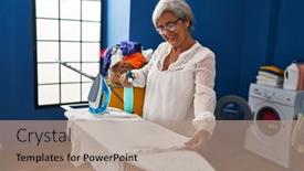  Presentation with sprayer - PPT layouts having middle-age-woman-using-sprayer background and a coral colored foreground