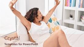  Presentation with stone age food - Slides having middle-age-woman-waking-up background and a lemonade colored foreground