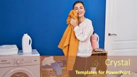  Presentation with laundry room - Presentation design consisting of middle-age-woman-washing-clothes background and a red colored foreground