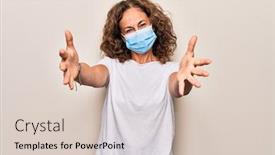  Presentation with coronavirus - Audience pleasing PPT theme consisting of middle-age-woman-wearing-coronavirus backdrop and a soft green colored foreground