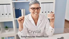  Presentation with age discrimination images - Presentation enhanced with middle-age-woman-wearing-dentist background and a soft green colored foreground