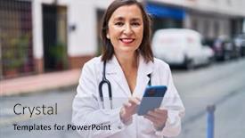  Presentation with street - Presentation theme enhanced with middle-age-woman-wearing-doctor background and a light blue colored foreground