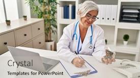  Presentation with clinic - PPT theme consisting of middle-age-woman-wearing-doctor background and a light gray colored foreground