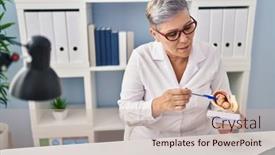  Presentation with gynecologist - Presentation theme enhanced with middle-age-woman-wearing-gynecologist background and a soft green colored foreground