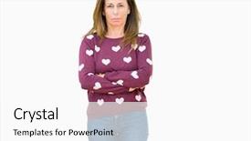  Presentation with army person pressing remote baton - Audience pleasing PPT layouts consisting of middle age woman wearing heart backdrop and a  colored foreground