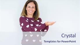  Presentation with hand palm - Audience pleasing slide deck consisting of middle age woman wearing heart backdrop and a  colored foreground