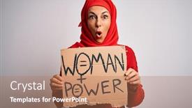  Presentation with women rights - Cool new PPT theme with middle-age-woman-wearing-muslim backdrop and a coral colored foreground