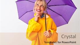  Presentation with rain - Colorful PPT theme enhanced with middle-age-woman-wearing-rain backdrop and a yellow colored foreground