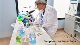  Presentation with embryo - PPT theme enhanced with middle-age-woman-wearing-scientist background and a mint green colored foreground