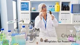  Presentation with scientist - PPT theme having middle-age-woman-wearing-scientist background and a soft green colored foreground