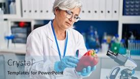  Presentation with scientist - Slides featuring middle-age-woman-wearing-scientist background and a light blue colored foreground