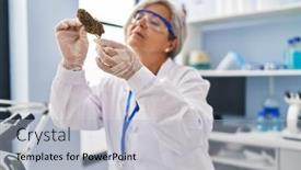  Presentation with scientist - Slide deck having middle-age-woman-wearing-scientist background and a light blue colored foreground