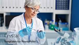  Presentation with scientist - Slides with middle-age-woman-wearing-scientist background and a light blue colored foreground