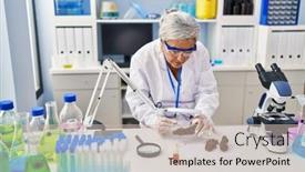  Presentation with scientist - Presentation theme featuring middle-age-woman-wearing-scientist background and a soft green colored foreground