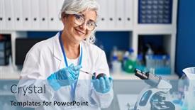  Presentation with scientist - Presentation design enhanced with middle-age-woman-wearing-scientist background and a light blue colored foreground