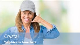  Presentation with hand shake telephone - Slides having middle age woman wearing sport background and a  colored foreground