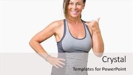  Presentation with hand shake telephone - Theme having middle age woman wearing sport background and a  colored foreground