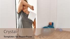  Presentation with sporty - PPT theme with middle-age-woman-wearing-sporty background and a coral colored foreground