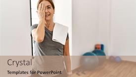  Presentation with sporty - Slide deck enhanced with middle-age-woman-wearing-sporty background and a coral colored foreground