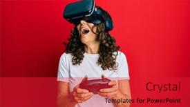  Presentation with futuristic glasses - Presentation theme consisting of middle-age-woman-wearing-virtual background and a red colored foreground