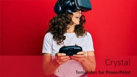  Presentation with futuristic glasses - PPT theme enhanced with middle-age-woman-wearing-virtual background and a red colored foreground