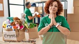  Presentation with praying hands - Presentation theme featuring middle-age-woman-wearing-volunteer background and a coral colored foreground