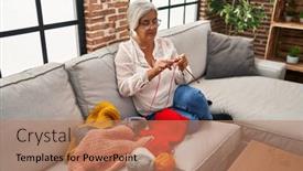  Presentation with weaving - Theme featuring middle-age-woman-weaving background and a coral colored foreground