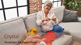  Presentation with weaving - Slide set with middle-age-woman-weaving background and a coral colored foreground