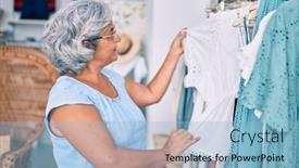  Presentation with clothes shop - Amazing slide set having middle-age-woman-with-grey backdrop and a light blue colored foreground