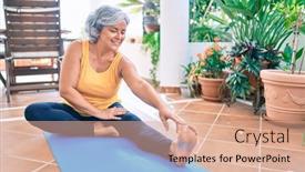  Presentation with exercise n old age - Amazing slide deck having middle-age-woman-with-grey backdrop and a coral colored foreground