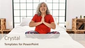  Presentation with praying hands - PPT theme with middle-age-woman-with-grey background and a sky blue colored foreground