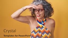  Presentation with far away - Slide deck with middle-age-woman-with-grey background and a gold colored foreground