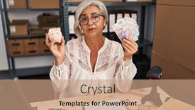  Presentation with simple business - Presentation theme with middle-age-woman-with-grey background and a coral colored foreground