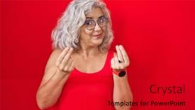  Presentation with salary - PPT theme with middle-age-woman-with-grey background and a crimson colored foreground